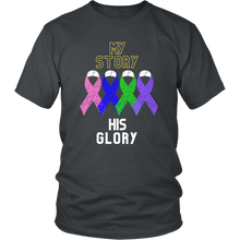 Load image into Gallery viewer, "My Story, His Glory" Unisex Cancer T-Shirt